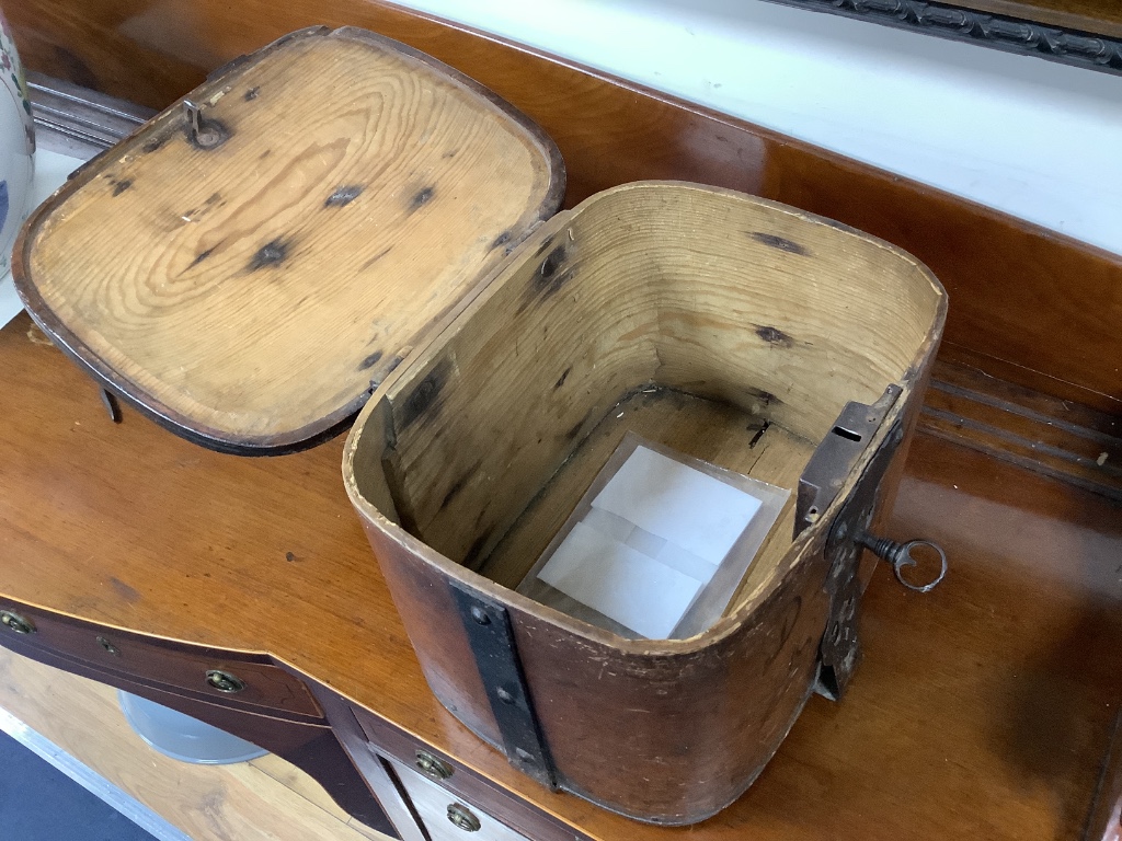 A German painted pine and iron mounted strong box, dated 1840 29cm